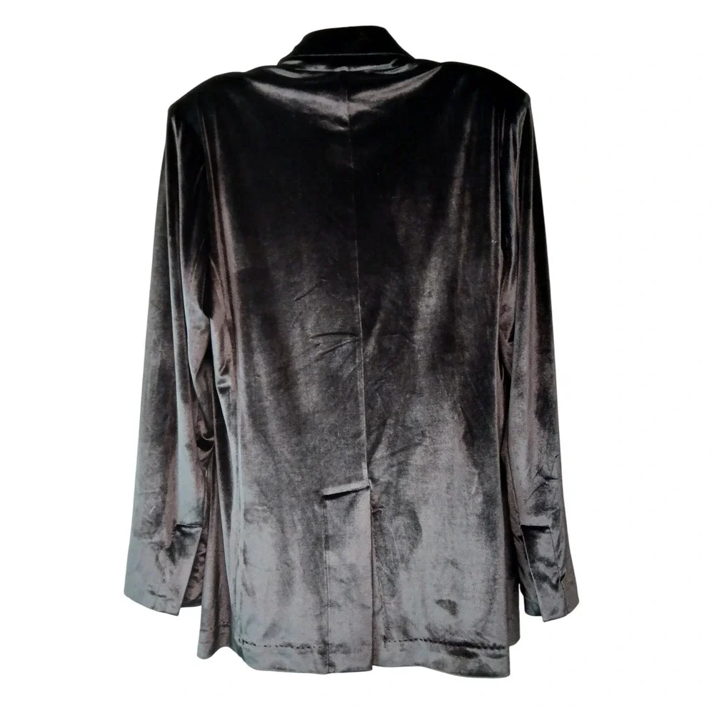 Elaine Kim Stretch Velvet Snap-Front Blazer Jacket Oversized Brown Sz L